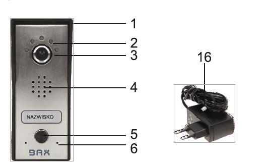 Vstup pro zapojení napájení na 12VDC 13. Svorkovnice pro připojení venkovní jednotky a automatizaci brány 14. LCD displej 15.