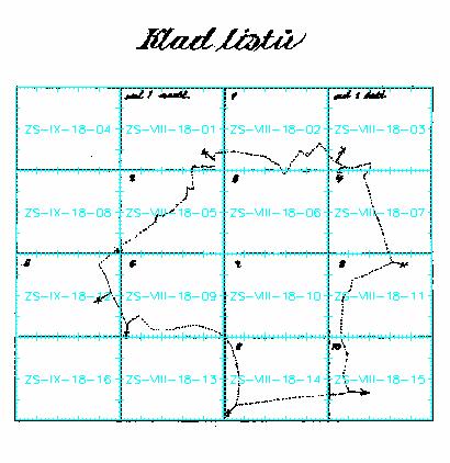 Obr.16 Skelet kladu mapových listů lokalizovaný v S-SK Pro každé katastrální území jsem vytvořila klad mapových listů skutečného rozměru a lokalizace v S-SK.