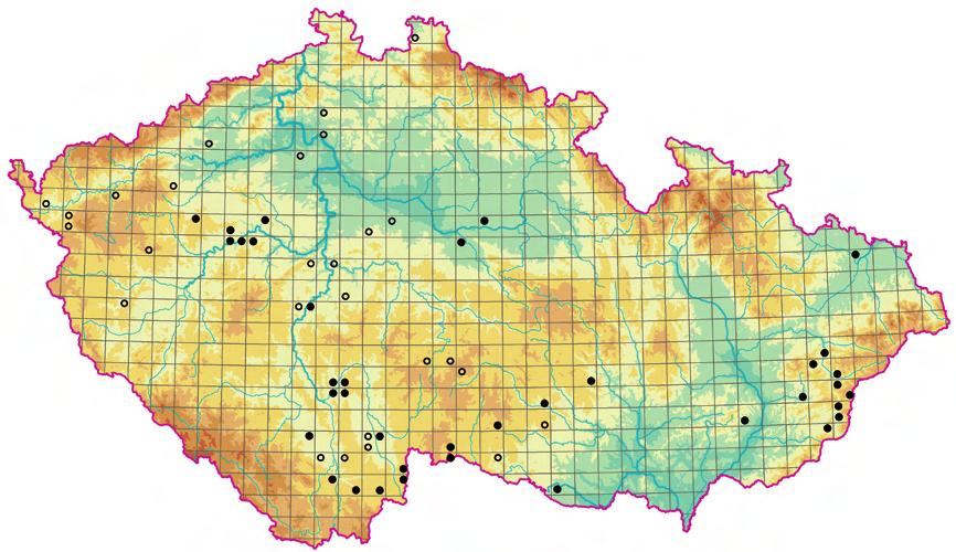 Obr. 43. Rozšíření asociace XBC03 Erophilo vernae-arabidopsietum thalianae; existující fytocenologické snímky dávají dosti neúplný obraz skutečného rozšíření této asociace. Fig. 43. Distribution of the association XBC03 Erophilo vernae-arabidopsietum thalianae; available relevés provide an incomplete picture of the actual distribution of this association.