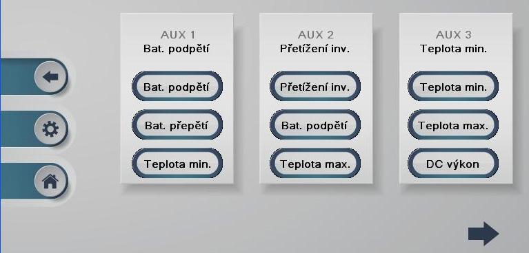 6.5.5 INVERTOR AUX PROGRAMOVATELNÉ VÝSTUPNÍ KONTAKTY Obr. 29 ukázka nastavení a stavů v oddíle Invertor TAB.