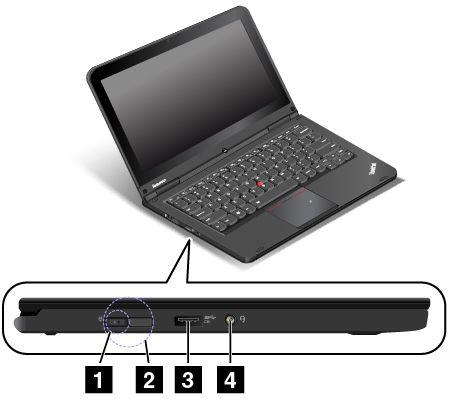 Obrázek 3. Pohled z levé strany 1 Napájecí konektor 3 Konektor Always-on USB (konektor USB 3.
