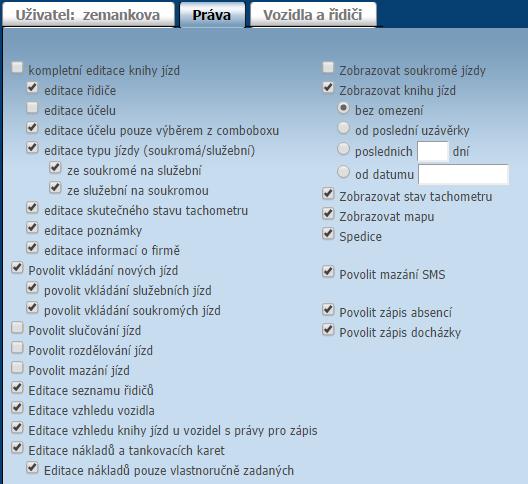 Záložka Práva: obsahuje zatrhávací políčka, kterými lze