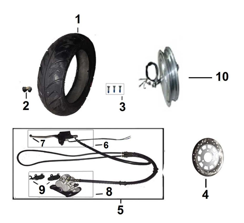 1 703180038 Pneumatika 110/70-12 Tyre 110/70-12 2 703180039 Ventilek kola Air valve 3 703180049 Šroub zadního brzdového kotouče Rear brake disc screw 4 703180107 Zadní brzdový kotouč Rear brake disc