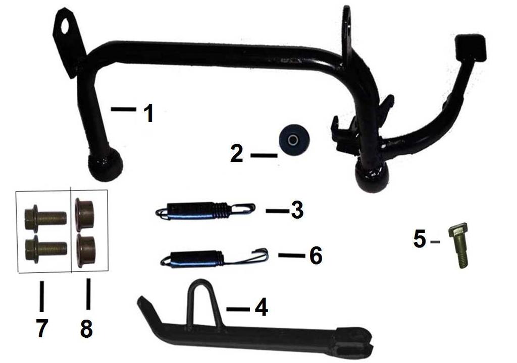 1 703180020 Hlavní stojan Main stand 2 703180021 Gumový doraz stojanu Stand rubber stopper 3 703180022 Pružina hlavního stojanu Main stand spring 4 703180023 Boční stojan Side