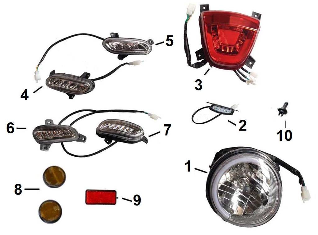 1 703180059 Přední světlo Headlight 2 703180060 Světlo poznávací značky License plate lamp 3 703180061 Zadní světlo Rear light 4 703180062 Pravý přední blinkr Right front blinker 5 703180063 Levý