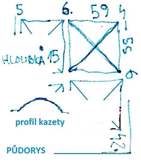 dovnitř a skládané ze tří trojúhelníkových částí, dotýkajících se v úhlopříčkách, každá trojúhelník z pěti takových prkének.