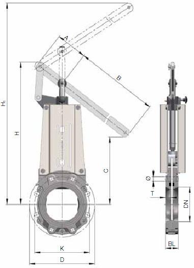 Nožová šoupátka Wey VNB 2.4.20 DN 50-200 Standardní provedení Materiály dle listu 2.0.13. Těleso a nástavba jsou opatřeny povlakem z epoxidové práškové barvy EKB.