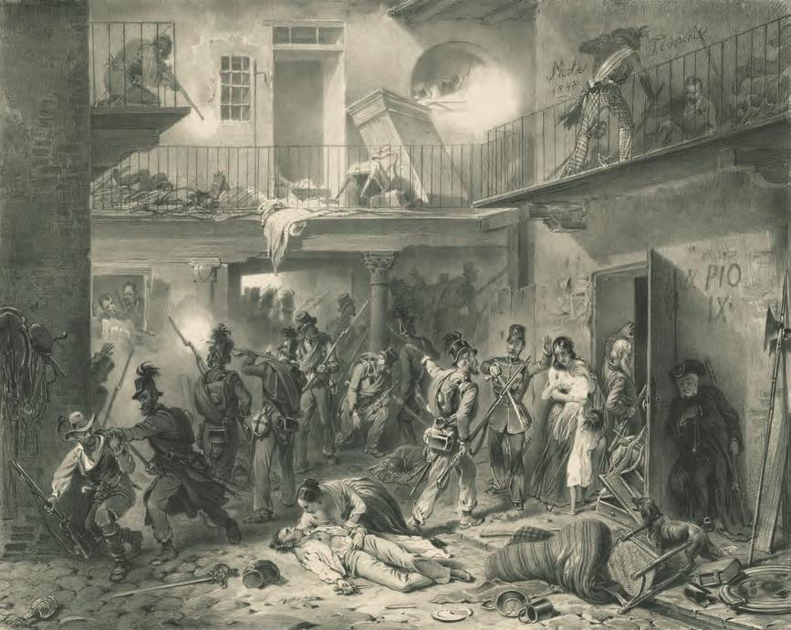 Pouliční boje v Miláně v březnu 1848, vpravo na zdi nápis Pio IX. Litografie ze sbírek VHÚ Praha.