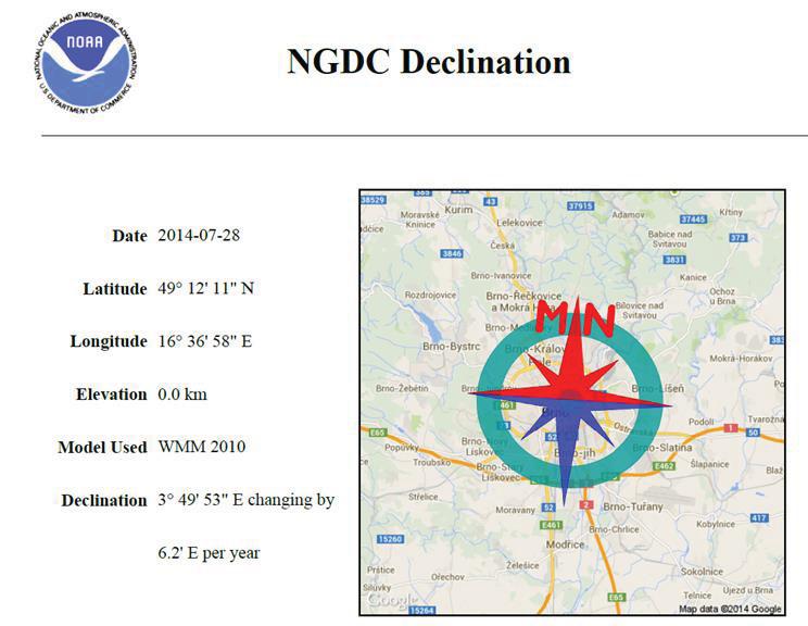 Obr. 7 Stanovení hodnoty magnetické deklinace [9] Pro zjištění odchylek vzletových a přistávacích směrů byly vypočteny souřadnice začátku a konce vzletových a přistávacích ploch.