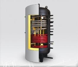 výměníkem z nerezavějící oceli o objemu 750l (ohřev vody hygienicky nezávadný) a tepelný výměník TUV,tepelnáizolace,koženkový plášť Speciální akumulační nádoba s