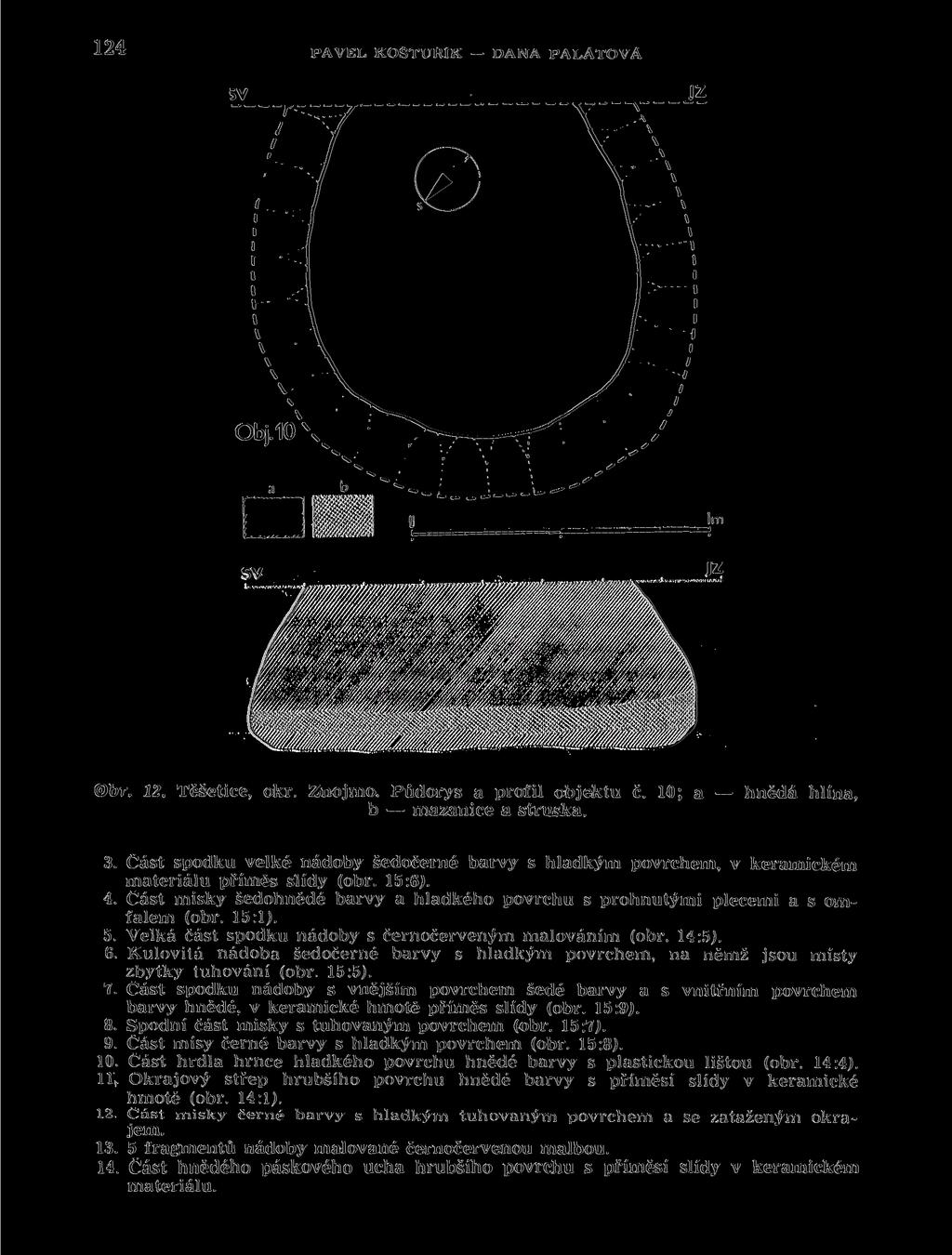 124 PAVEL KOSTUKtK DANA PALÁTOVA Obr. 12. Těšetice, okr. Znojmo. Půdorys a profil objektu č. 10; a hnědá b mazanice a struska. hlína, 3.