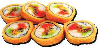 karviár z létajicí ryby Fried sushi-eggs, prawns, grilled salmon,