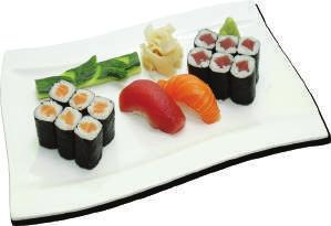 2ks nigiri (losos, tuňák) 6pcs maki salmon, 6pcs maki tuna, 2pcs