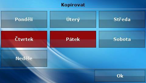 Stlačením ikony Kopíruj je možné kopírovat nastavení celého dne na dny následující. Týdenní nastavení zadaných teplot umožňuje snížit náklady na vytápění a poskytuje po celý den požadovaný komfort.