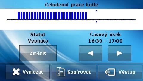 CS 280 návod k obsluze Provozní hodiny Po stlačení této ikony je možné stanovit, v kterých hodinách má kotel pracovat, a v kterých se má vypínat ( 30-minutové časové intervaly).