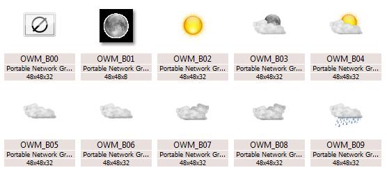 písmeny OWM_. Součástí názvu každé ikony je číslo, které odpovídá hodnotě v proměnné iconcode. Ikony jsou k dispozici ve dvou velikostech 48x48 a 128x128 pixelů.
