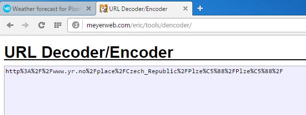 Po stisku tlačítka Encode na stránce dostaneme text v požadovaném kódování Takže výsledek bude country = 'Czech_Republic' region = 'Plze%C5%88' city = 'Plze%C5%88' Příklad použití bloku fbyrweather