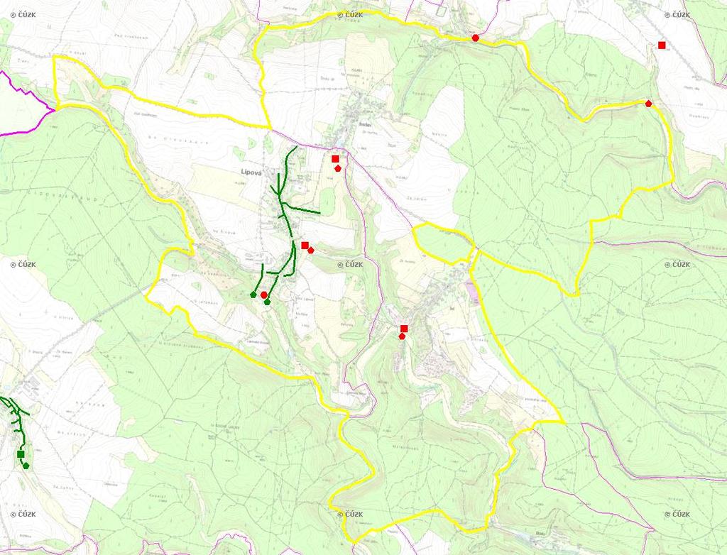 E. KANALIZACE A ČOV Mapa E1: Kanalizace - rozvody v obci Trasování sítí, lokalizace ČOV, čerpací stanice (ČS), výústě Obec: Lipová Legenda: Kanalizace: Ochranné pásmo: Vyústění: do 2015 po 2015 I IA