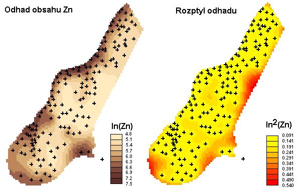 Obrázek 70 Odhad obsahu Zn pomocí krigování a doprovodná mapa neurčitosti způsobené interpolací (krigovací rozptyl) 2.