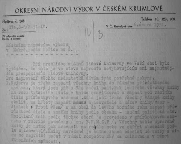 MOKRÁ 1951 Zpráva o stavu knihovny a kroniky obce. Dne 6.