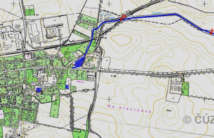 Obr. 1 Zájmová oblast v hydrologické mapě s vyznačením základního staničení recipientu Trasa úpravy koryta je navržena v trase stávající přirozené vodoteče, které neudržováním a vlivem malých průtoků