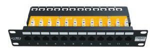 System class E, unshielded : 11120331 : 11320303 Patch Panel 10" BKT 12 x RJ45 ź Cross Panel designed in 10 standard with a height of 1U ź Integrated cabling shelf for securing cables using cable