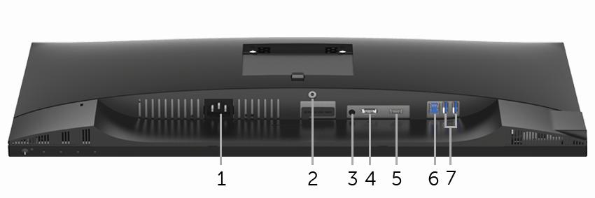 Pohled zespodu Pohled zespodu - bez podstavce Označení Popis Pomocí tlačítka 1 Konektor pro napájecí kabel 2 Funkce uzamknutí podstavce Pro připojení napájecího kabelu (dodaný s monitorem).