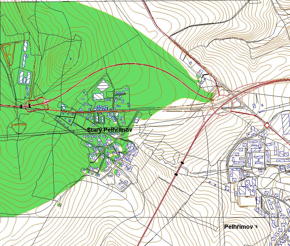 6.4 Vliv výstavby obchvatu Starého Pelhřimova na hlukové zatížení obytné zástavby na ulici Táborská Na základě podrobných výpočtů bylo definováno území, ve kterém bude hluk z provozu na obchvatu