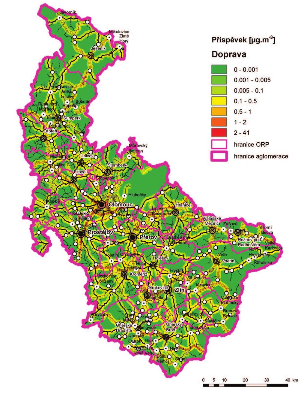 Obrázek 38: Příspěvek skupiny mobilních zdrojů (Doprava) k průměrné roční koncentraci PM10, stav