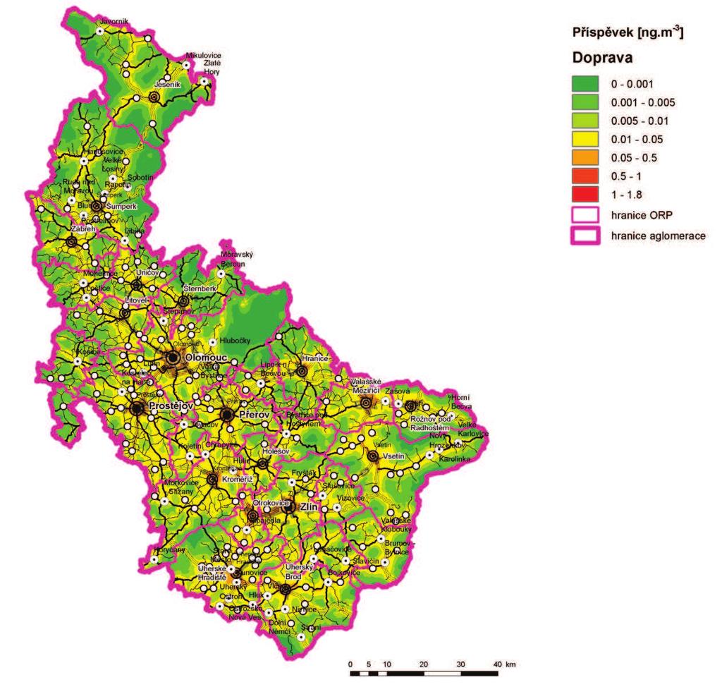 Obrázek 42: Příspěvek skupiny mobilních zdrojů (Doprava) k průměrné roční koncentraci benzo(a)pyrenu,