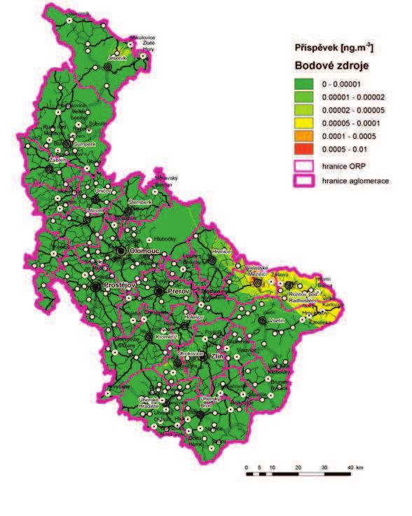 Obrázek 43: Příspěvek skupiny vyjmenovaných zdrojů (Bodové zdroje) k průměrné roční koncentraci benzo(a)pyrenu, stav roku 2011, zóna CZ07 Střední Morava Shrnutí K překračování imisních limitů PM10