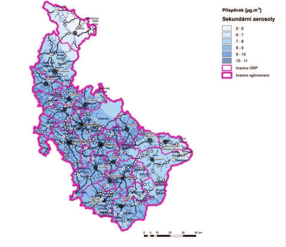 Obrázek 48: Příspěvek Sekundárních aerosolů k průměrné roční koncentraci PM10,