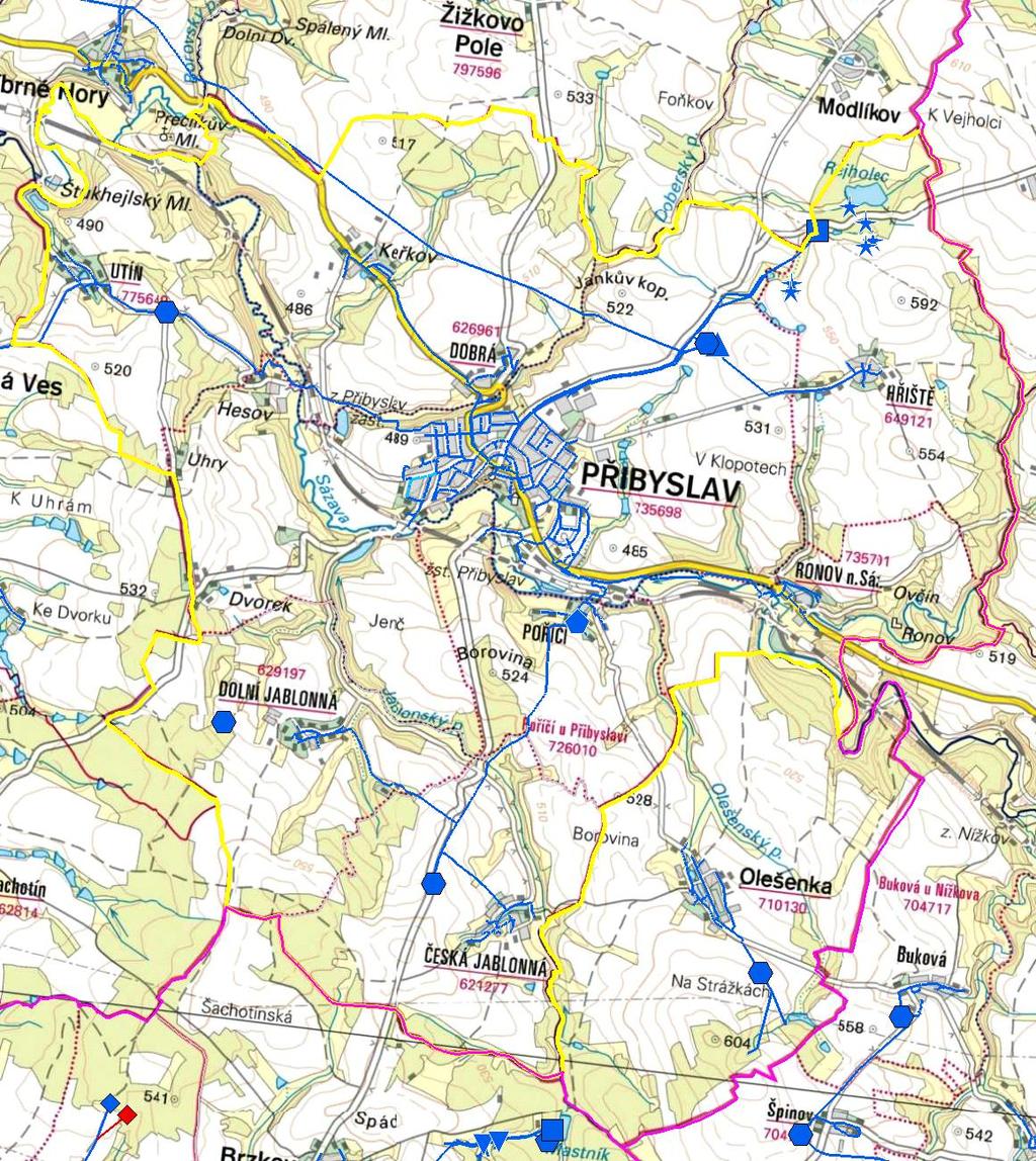 MAPA - VODOVODY Trasování sítí, lokalizace vodojemů, zdrojů, čerpacích stanic, ATS, ÚV Vodovodní řady Vodojem zemní