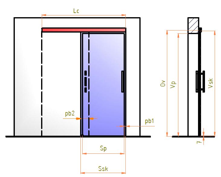 Jednokřídlé skleněné dveře Poloha otevřených dveří Vodítko Ov = Vp + ph + 30,4 Poloha zavřených dveří Vp Průchozí výška Sp Průchozí šířka Ph přesah dveří přes horní hranu pb1.