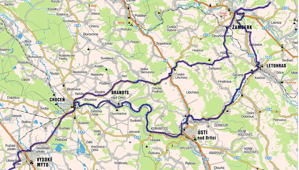 Cyklo trasa č. 18 (Hlinsko Skuteč Vysoké Mýto - Choceň Ústí nad Orlicí - Žamberk - Č. Petrovice) V zájmu zvýšení bezpečnosti cyklistů byla za finanční podpory Pk přeložena dálková trasa č.