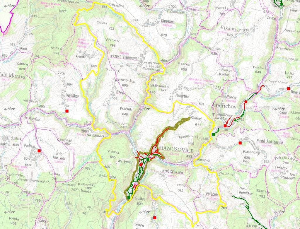 E. KANALIZACE A ČOV Mapa E1: Kanalizace - rozvody v obci Trasování sítí, lokalizace ČOV, čerpací stanice (ČS), výústě Obec: Hanušovice Legenda: Kanalizace: Ochranné pásmo: Vyústění: do 2015 po 2015 I