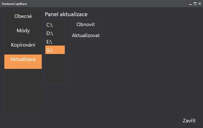 4. APLIKACE WORKSWELL TRUCK INFRARED SYSTEM Obrázek 4.15 Okno nastavení s vybranou záložkou KOPÍROVÁNÍ 4.3.4 Aktualizace Jako poslední záložka je zde AKTUALIZACE (obrázek č. 4.16).