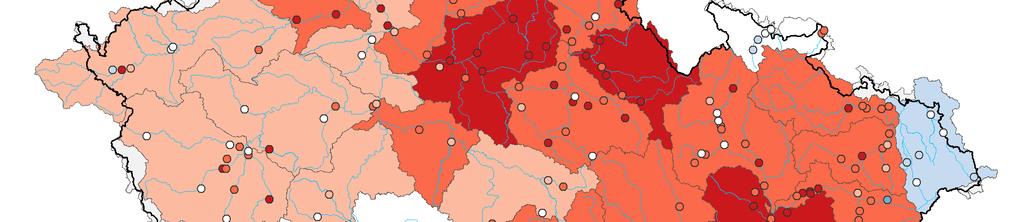 Toky v povodí horní Berounky, střední Sázavy a střední a dolní Moravy zůstávají většinou podprůměrné (20 až 70 % Q I ). E.