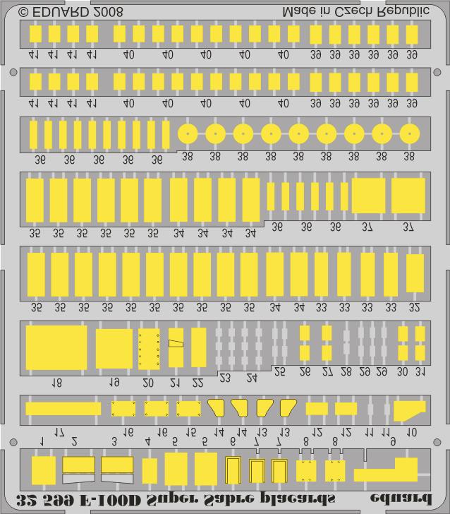 5/5 32 559 F-100 Super Sabre placards self adhesive 1/32 scale detail set for TRUMPETER kit sada detailů pro model TRUMPETER 1/ 32 3. Do not touch the adhesive areas of the etched components. 3. Nesahejte na části dílů, na kterých je naneseno lepidlo.