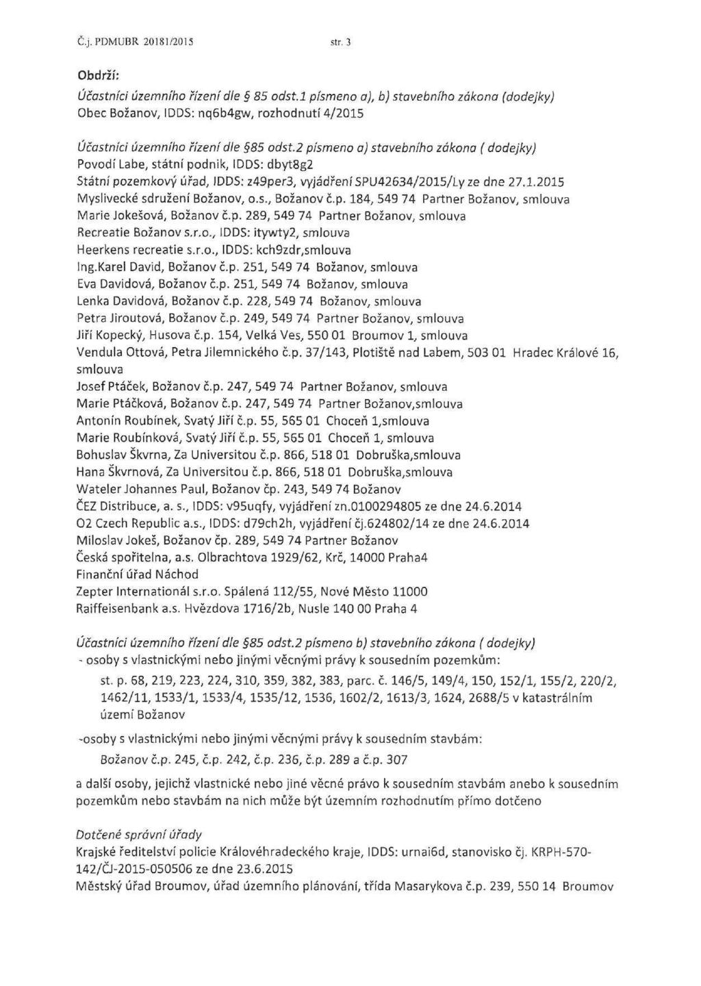 Č.j. PDMUBR 20181/2015 str. 3 Obdrží: Účastníci územního řízení dle 85 odst.