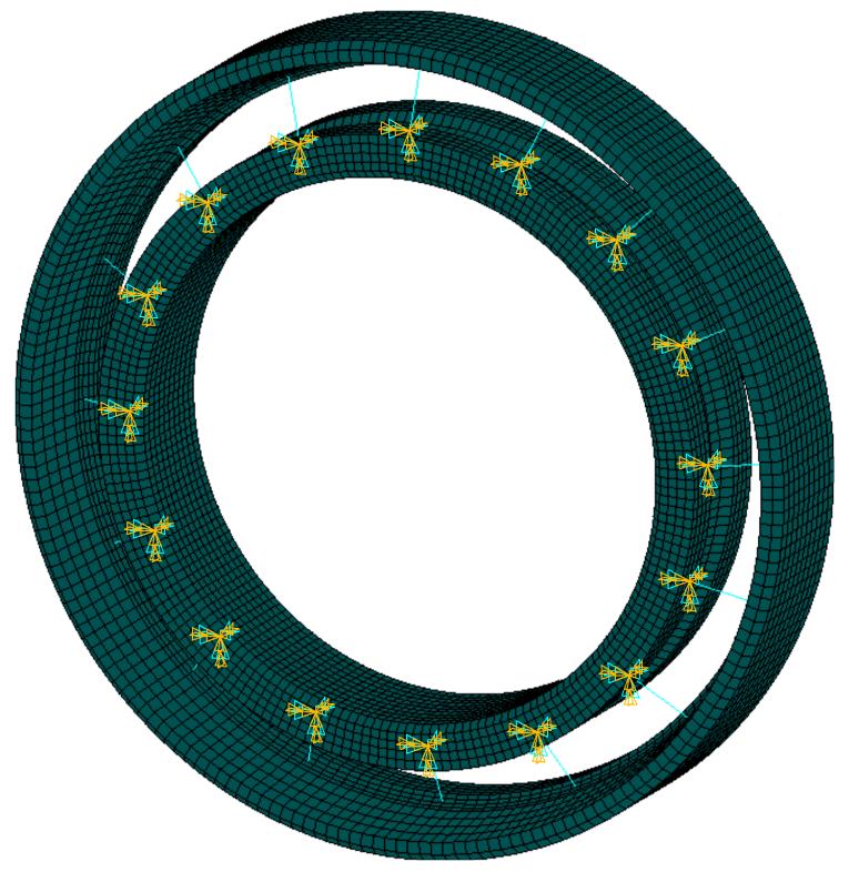 3.2.3 Ložisko Dále bylo v programu ANSYS vytvořen model ložiska (Obr. 18), (vnitřní a vnější kroužek), v němž bylo 16 kuliček nahrazeno 16-ti pružnýma pruty.