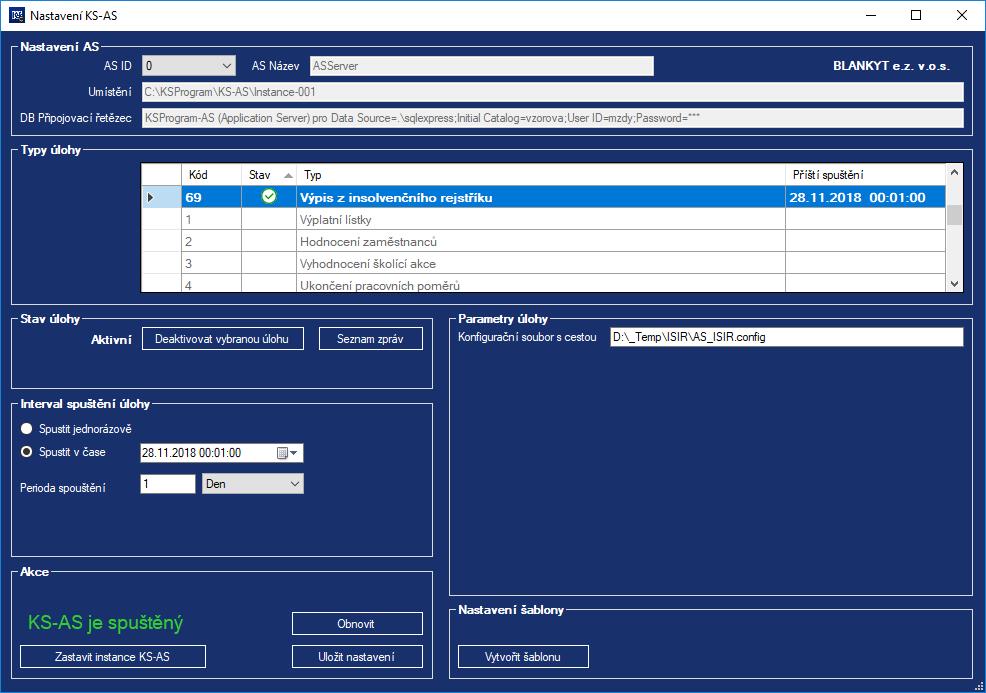 Obr. 2 Nastavení úlohy v aplikaci AS SeanceManager. Restart AS Restart AS znamená zastavení a opětovné spuštění AS (tlačítko vlevo dole Zastavit instance KS-AS / Spustit instance KS-AS).