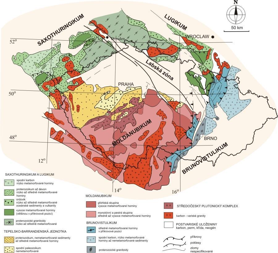 Obr. 2 - Tektonická mapa Českého masívu ( Geofyzikální ústav Akademie věd ČR, 2016) Tato práce se věnuje identifikaci vnitřních staveb granitických