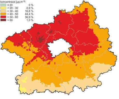 Střední Čechy překračuje imisní limit, přičemž 1 % území (Kladensko) jej překračuje o více než 10 µg.m -3.