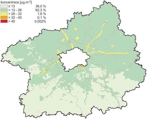 Pod dolní mezí pro posuzování se nachází cca 98,3 % plochy zóny CZ02 Střední Čechy (Obrázek 26:). Zvýšené koncentrace lze očekávat v blízkosti významnějších dopravních tahů a v městských aglomeracích.
