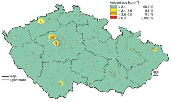 Vyhodnocení průměrných ročních koncentrací arsenu v zóně CZ02 Střední Čechy za pětiletí 2007 2011 zobrazuje obrázek níže (Obrázek 35:), na kterém je patrné, že v oblasti Kladenska dochází