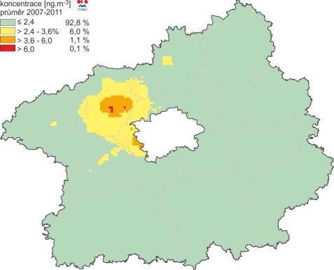 Obrázek 35: Pole průměrné roční koncentrace As, zóna CZ02 Střední Čechy, pětiletý p růměr za
