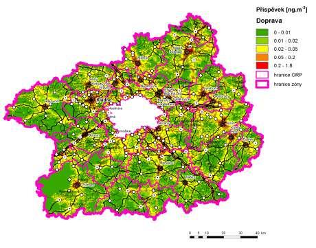 Obrázek 48: Příspěvek skupiny mobilních zdrojů (Doprava) k průměrné roční koncentraci benzo(a)pyrenu, stav roku 2011, zóna CZ02 Střední Čechy Obrázek 49: Příspěvek skupiny