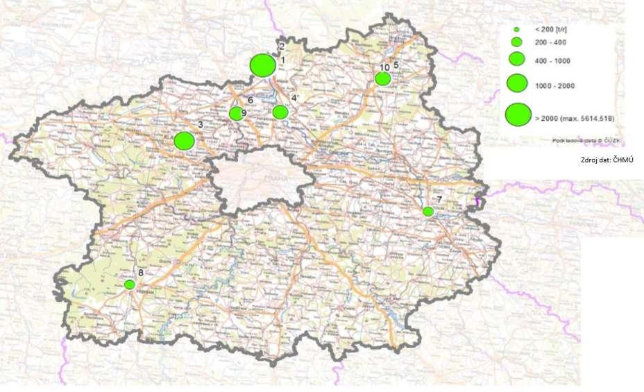 3 Vyjmenované zdroje - benzo(a)pyren Deset nejvýznamnějších bodově sledovaných vyjmenovaných zdrojů se podílí na celkových emisích benzo(a)pyrenu v zóně CZ02 Střední Čechy méně než