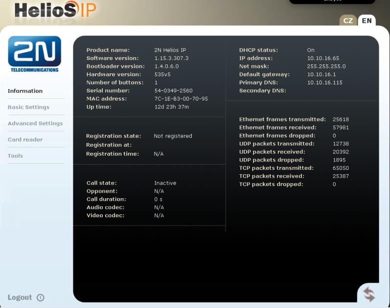 Spuštění webového rozhraní Do webového rozhraní 2N Helios IP přistoupíte tak, že zadáte IP adresu 2N Helios IP do internetového prohlížeče ve formátu http://<ipaddress>.